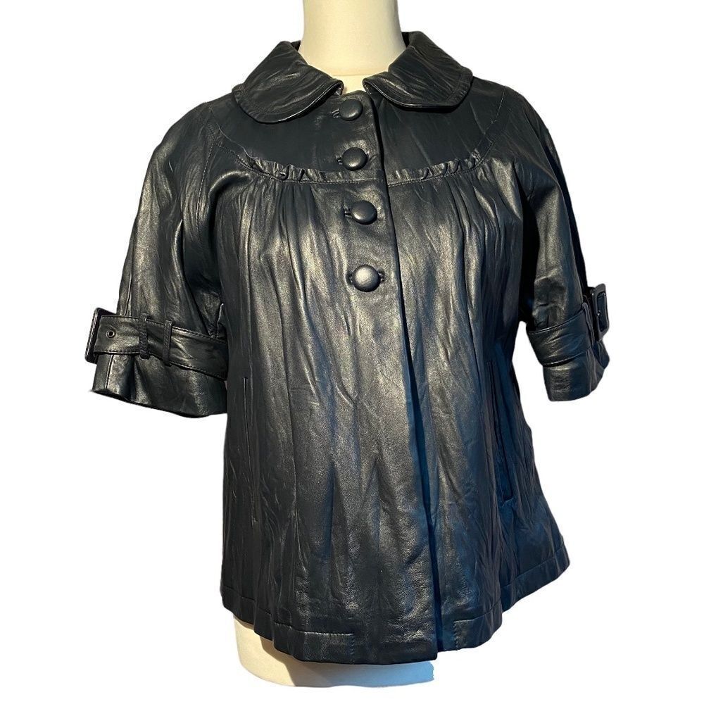 0195 Cynthia Steffe Vintage Navy Leather Swing Jacket Size L New